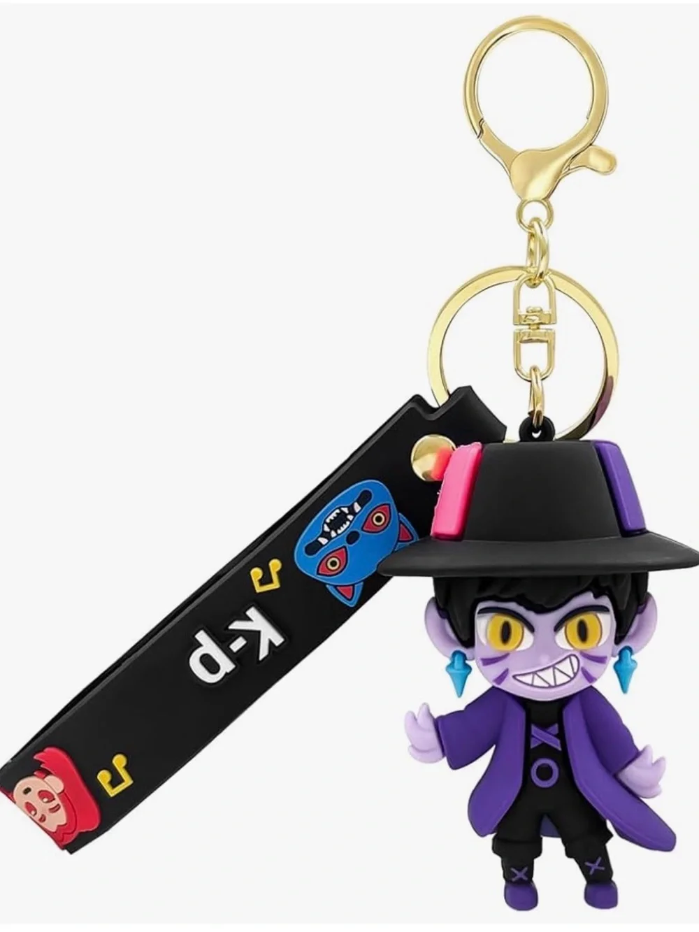 Kids Purple Cartoon Character Keychain with Black Strap and Gold Hardware
